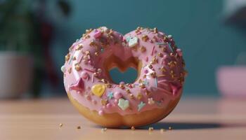 Heart shaped donut with pink icing, multi colored sprinkles, and strawberry decoration generated by AI photo