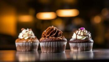 Homemade chocolate chip muffin with creamy icing on wooden plate generated by AI photo