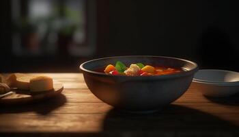 Fresh organic fruit and vegetable snack on rustic wooden table generated by AI photo