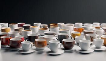 Stack of coffee cups in a row on table, no people generated by AI photo