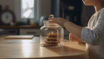 Caucasian woman holding homemade chocolate chip cookie, enjoying sweet indulgence generated by AI photo