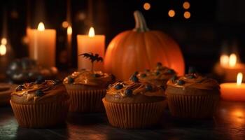 Indulgent Halloween dessert homemade pumpkin muffin with candlelight icing generated by AI photo