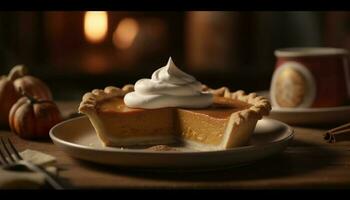 Homemade pumpkin pie with whipped cream on rustic wooden table generated by AI photo