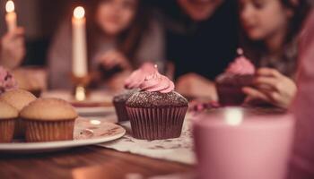 Celebrating together with homemade birthday cake, cupcakes, and muffins generated by AI photo