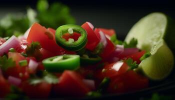 Fresh organic vegetarian salad with sliced tomato, cucumber, and onion generated by AI photo