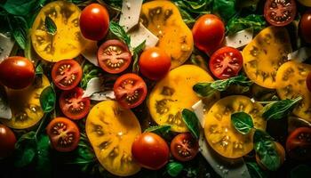 Fresco orgánico vegetariano ensalada con maduro tomate y queso Mozzarella circulo generado por ai foto