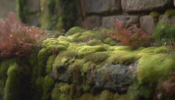 Tranquil scene of overgrown forest with multi colored foliage and lichen generated by AI photo