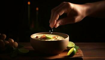 Fresco vegetal sopa en un bol, adornado con Lima rebanada generado por ai foto
