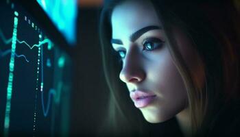 One beautiful young woman with brown hair looking away indoors generated by AI photo