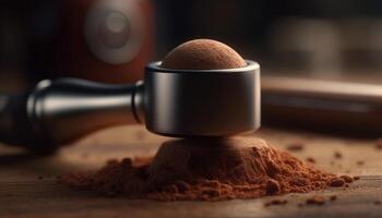 Rustic chocolate cookie dough mixing on wooden table for baking generated by AI photo