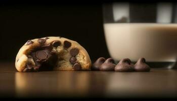 indulgente hecho en casa chocolate chip Galleta en rústico madera mesa generado por ai foto