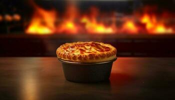Baked sweet pie glowing with warmth on rustic wooden table generated by AI photo