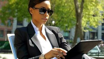 Young businesswoman sitting outdoors, holding digital tablet and wearing sunglasses generated by AI photo