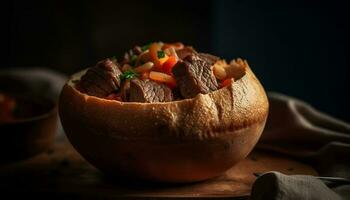 Rustic beef stew, a homemade gourmet meal on wooden table generated by AI photo