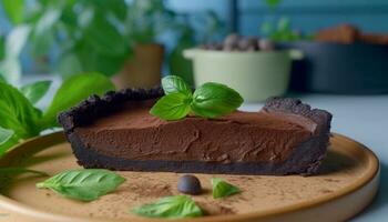 Homemade chocolate brownie slice with mint leaf decoration on plate generated by AI photo