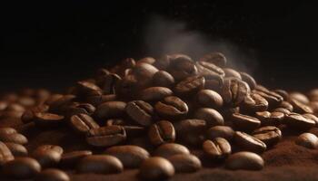 Dark coffee bean heap, close up aroma, textured backdrop, selective focus generated by AI photo