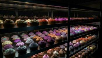 A large collection of gourmet sweets in a multi colored store generated by AI photo