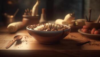 Rustic homemade meal Fresh flour bread, sweet fruit, healthy granola generated by AI photo