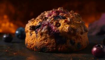 Freshly baked blueberry muffin on rustic wood table, indulgent snack generated by AI photo