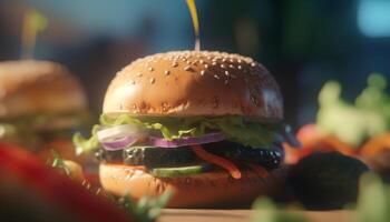 Grilled beef burger with cheese, tomato, onion on sesame bun generated by AI photo