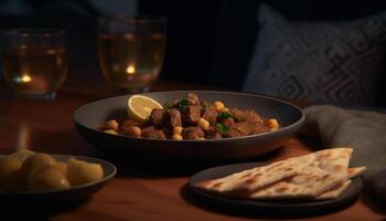 Rustic homemade stew with beef, pork, and vegetables on wood table generated by AI photo