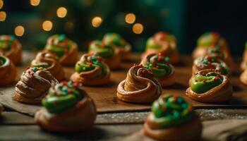 Homemade gourmet dessert table with baked cookies and sweet candy generated by AI photo