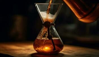 Old fashioned whiskey flask on antique table, sand timer counting down generated by AI photo