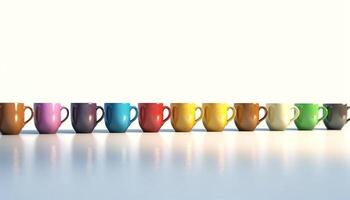 A collection of hot drinks in pottery cups on wood table generated by AI photo