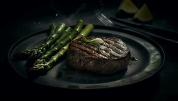 Grilled fillet steak with asparagus and organic tomato salad generated by AI photo