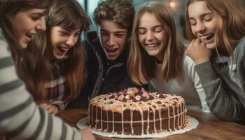 grupo de joven adultos disfrutando cumpleaños celebracion con pastel y la risa generado por ai foto