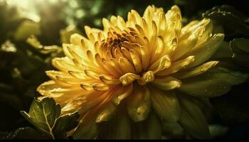 Vibrant yellow petals adorn single flower in lush green meadow generated by AI photo