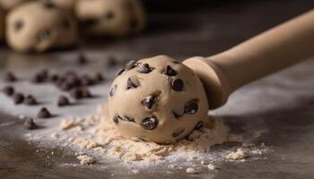 Homemade chocolate chip cookie on rustic wooden table, ready to eat generated by AI photo