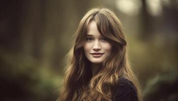 Young woman with brown hair smiling, looking at camera in nature generated by AI photo