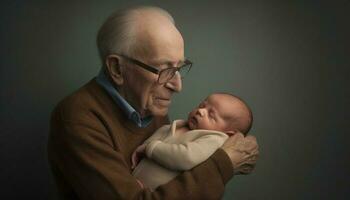 Multi generation family embracing newborn grandson, smiling with love and happiness generated by AI photo