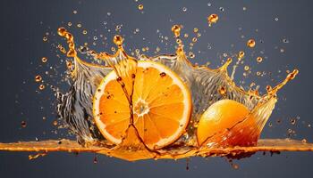 Juicy citrus slice falling, splashing in refreshing wave of water generated by AI photo