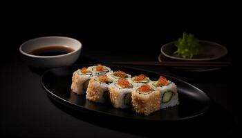 Fresh seafood meal on black plate with maki sushi and sashimi generated by AI photo