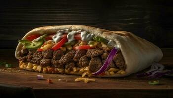 Grilled beef sandwich with fresh vegetables on rustic bread generated by AI photo