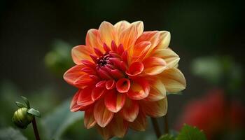 Vibrant multi colored dahlia blossom in formal garden, close up macro generated by AI photo