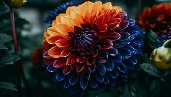 Vibrant multi colored dahlia blossom, wet with freshness, in close up generated by AI photo