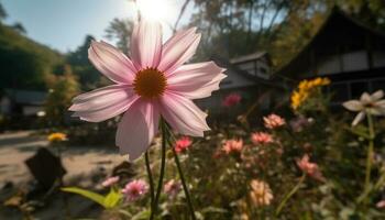 Vibrant cosmos flower blossoms in rural meadow during summer sunset generated by AI photo