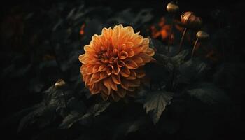 Vibrant autumn bouquet of chrysanthemums and dahlias in rustic vase generated by AI photo