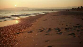 Tranquil sunset on tropical coastline, waves reflect golden sunlight generated by AI photo