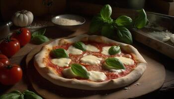 Freshly baked rustic margherita pizza with organic tomato sauce and mozzarella generated by AI photo