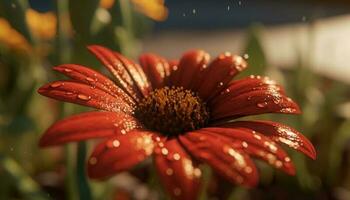 Vibrant gerbera daisy blossom in wet meadow, dew drop beauty generated by AI photo