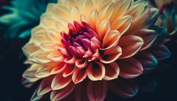 Vibrant dahlia blossom, close up of multi colored petals in nature generated by AI photo