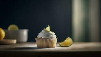 Homemade lemon cupcakes with fresh fruit icing on rustic table generated by AI photo