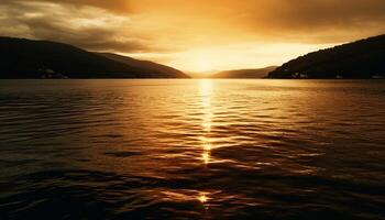 Majestic mountain range silhouettes against tranquil sunset over water generated by AI photo