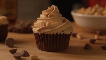 Homemade chocolate chip muffin, a sweet indulgence on rustic table generated by AI photo