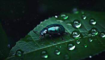 Small weevil on wet leaf, magnified in beautiful macro image generated by AI photo