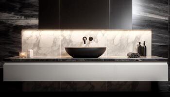 Modern design shines in luxury bathroom with marble flooring and chrome generated by AI photo